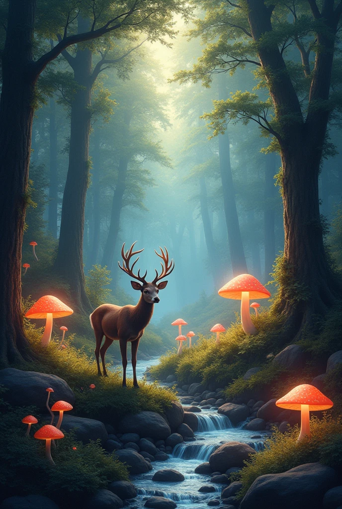an enchanted forest,Magical creatures,glowing mushrooms,sparkling waterfalls,fantasy,Leonora Carrington,a fantasy forest,Hazy perspective,sunlight filtering through the trees,Glowing sika deer,