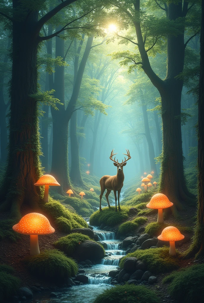 an enchanted forest，Magical creatures，glowing mushrooms，sparkling waterfalls，fantasy，Leonora Carrington，a fantasy forest，Hazy perspective，sunlight filtering through the trees，Glowing sika deer，