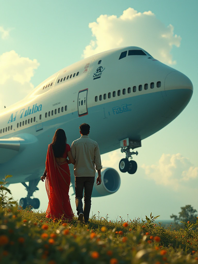 There is a very big aeroplane and there is a 22 year old Indian boy and he has a girlfriend who is wearing a red coloured saree both are above the aroplane and the garden is settled on the aroplane the girl is walking the little shy  and the boyfriend is behind him. HD Ultra realistic art image