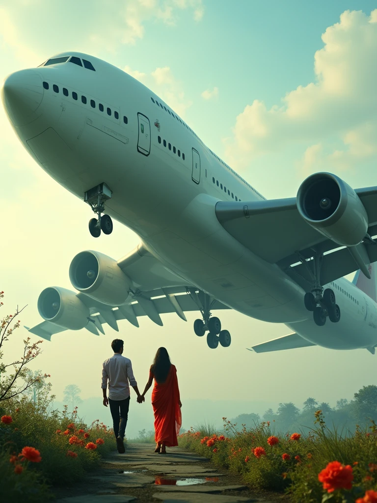 There is a very big aeroplane and there is a 22 year old Indian boy and he has a girlfriend who is wearing a red coloured saree both are above the aroplane and the garden is settled on the aroplane the girl is walking the little shy and the boyfriend is behind him. HD Ultra realistic art image