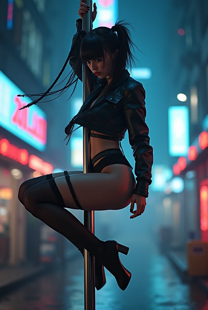 Cyberpunk-style Japanese pole dancer dancing on a pole。
