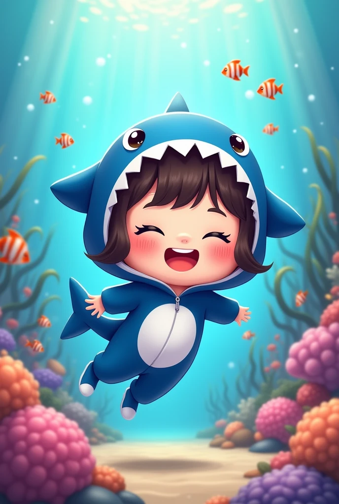 Chibi super happy eyes closed
Girl 3 years old hooded costume baby shark under sea