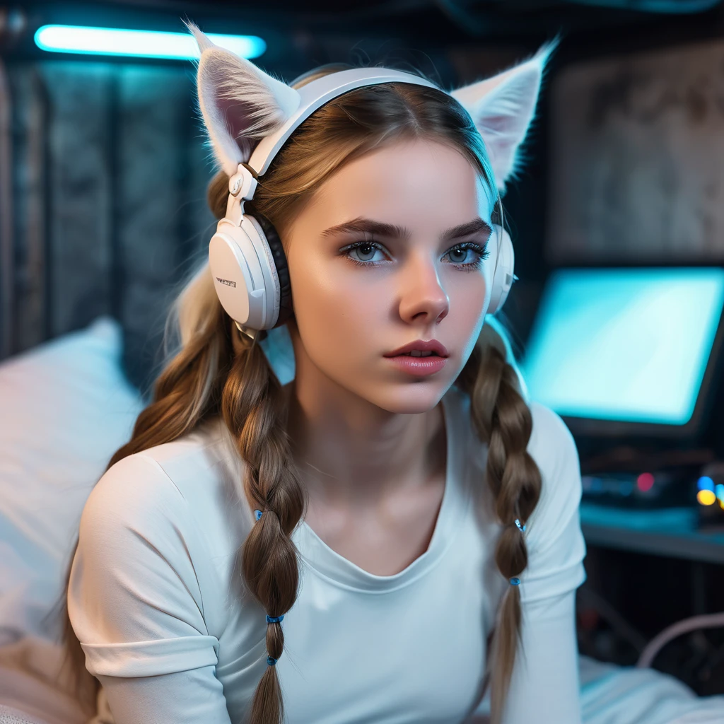 White girl,  sitting on a bed,  in a cyberpunk steel bunker with hatches etc.,  in the background. she is wearing white cats ears. She has twintail hairstyle. 13 years old girl,  slim ,  small girl,  beautiful breasts. Masterpiece,  8k,  4k,  high resolution,  dslr,  ultra quality,  sharp focus,  tack sharp,  dof,  film grain,  Fujifilm XT3,  crystal clear,  8K UHD,  beautiful eyes with very large Dilated pupils,  high detailed skin,  skin pores,  seductive,   look,  bewitching lady with beautiful long hair,   full lips,  long legs,  lovely face wearing torn vaultsuit clothes. , realistic colors, realistic, photorealistic