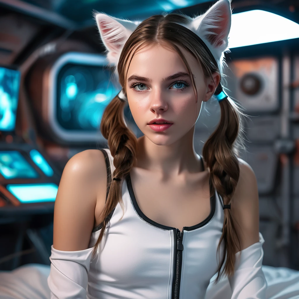 White girl, sitting on a bed, in a cyberpunk steel bunker with hatches etc., in the background. she is wearing white cats ears. She has twintail hairstyle. girl, slim , small girl, beautiful breasts. Masterpiece, 8k, 4k, high resolution, dslr, ultra quality, sharp focus, tack sharp, dof, film grain, Fujifilm XT3, crystal clear, 8K UHD, beautiful eyes with very large Dilated pupils, high detailed skin, skin pores, seductive, look, bewitching lady with beautiful long hair, full lips, long legs, lovely face wearing torn vaultsuit clothes. , realistic colors, realistic, photorealistic