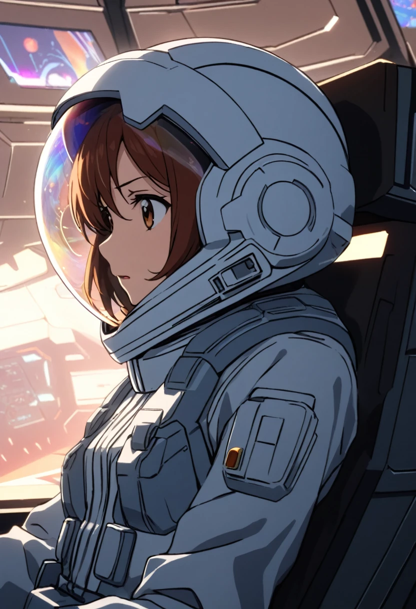 eva helm, spacesuit , astronaut), bubble helmet, space helmet, (1girl:1.1) wearing a (spacesuit:1.15), white cargo pants, (ugh, wtf do these buttons do:1.3), inside the cockpit of a (futuristic spaceship:1.1), sitting in the captains chair, (intricate control panels:1.3), (gleaming metal:1.1), surrounded by many buttons and dials and gauges, (confused:1.3), (worried expression:1.1), (nervous:1.1), concerned, beautiful 8k wallpaper, highly advanced, (sleek design:1.3), intricate, highres, superb, 8k wallpaper, extremely detailed, intricate, short hair, from side