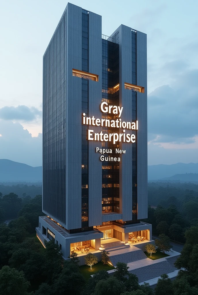 Generate a huge building with the words "Gray International Enterprise Papua New Guinea" glowing.