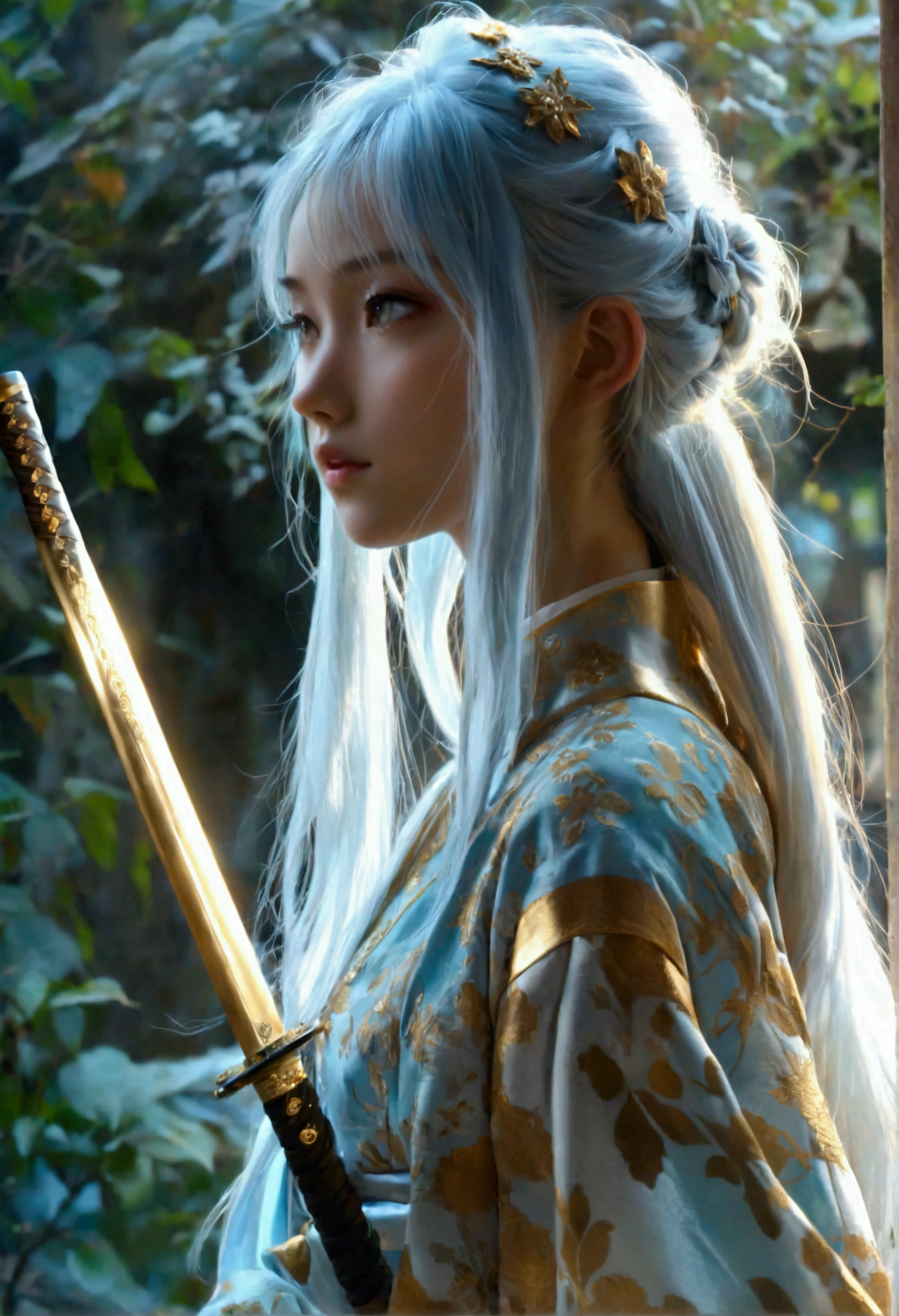 is a slender and graceful female anime character full body looking high at the sky, wields some katana sword, camera is set at the ground, ant view, exhausted, wide-angle view, bottom to top camera angle, moody, character with an ethereal, otherworldly beauty. Her skin is pale and smooth, with an almost porcelain-like quality. Her long, flowing hair cascades down her back, a mix of silvery white and soft blue hues that shimmer in the light, often depicted in intricate braids or loose waves. her eyes are a striking shade of icy blue, deep and mysterious, often giving off a gentle, yet enigmatic, glow. She is adorned in elegant, traditional robes that blend modern and ancient designs, featuring soft pastel colors with floral patterns, accentuated by delicate gold embroidery. Her attire includes flowing sleeves and a high collar, adding to her regal and serene appearance, presence is calm and composed, exuding an aura of wisdom and quiet strength