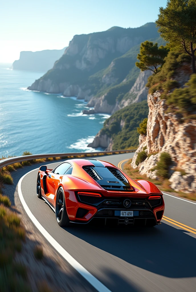 A sports car on a road. in the background the sea.