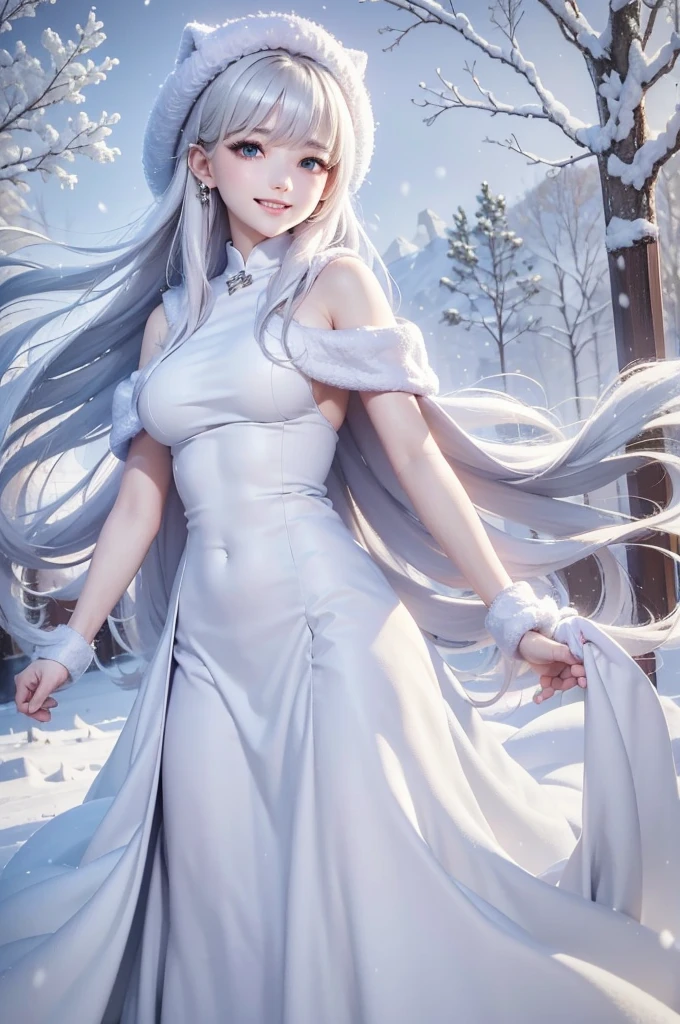 masterpiece、Highest quality、1 girl, winter, white hair, Cute girl, smile, close mouse, medium breasts, sideboob, white dress, winter clothes, long skirt, Fur coat、Small waist、Thin legs、outdoors, snow falling
