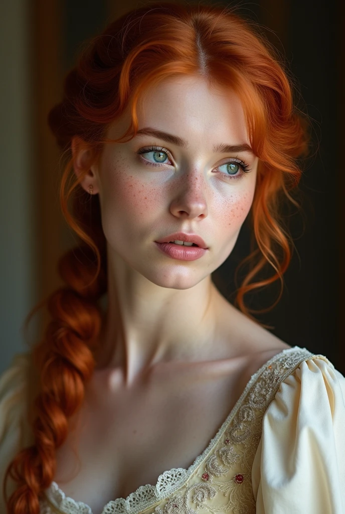 
Description: period romance Woman with cherry red hair, period clothes and light hair freckles