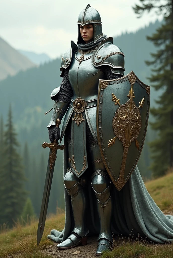 Craia elven knight in full medieval closed armor with sword and shield