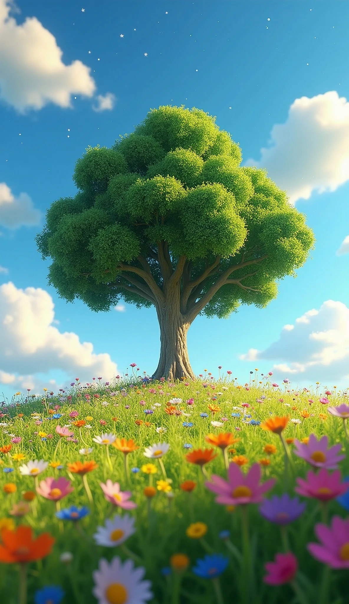photorealistic, Viral anime nature wallpaper in 4K quality, in the style of Pixar 3D inspired by Toy Story, showcasing a lush meadow filled with colorful wildflowers, a clear blue sky with fluffy clouds, and a single majestic tree standing in the middle; bright and cheerful color temperature, cosmos lighting with stars twinkling in the sky, no human characters, the atmosphere is whimsical and joyful --v 5 --stylize 1000
