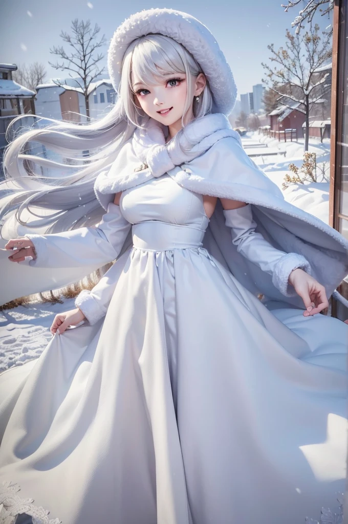 masterpiece、Highest quality、1 girl, winter, white hair, Cute girl, smile, close mouse, medium breasts, sideboob, white dress, winter clothes, long skirt, Fur coat、Small waist、Thin legs、outdoors, snow falling