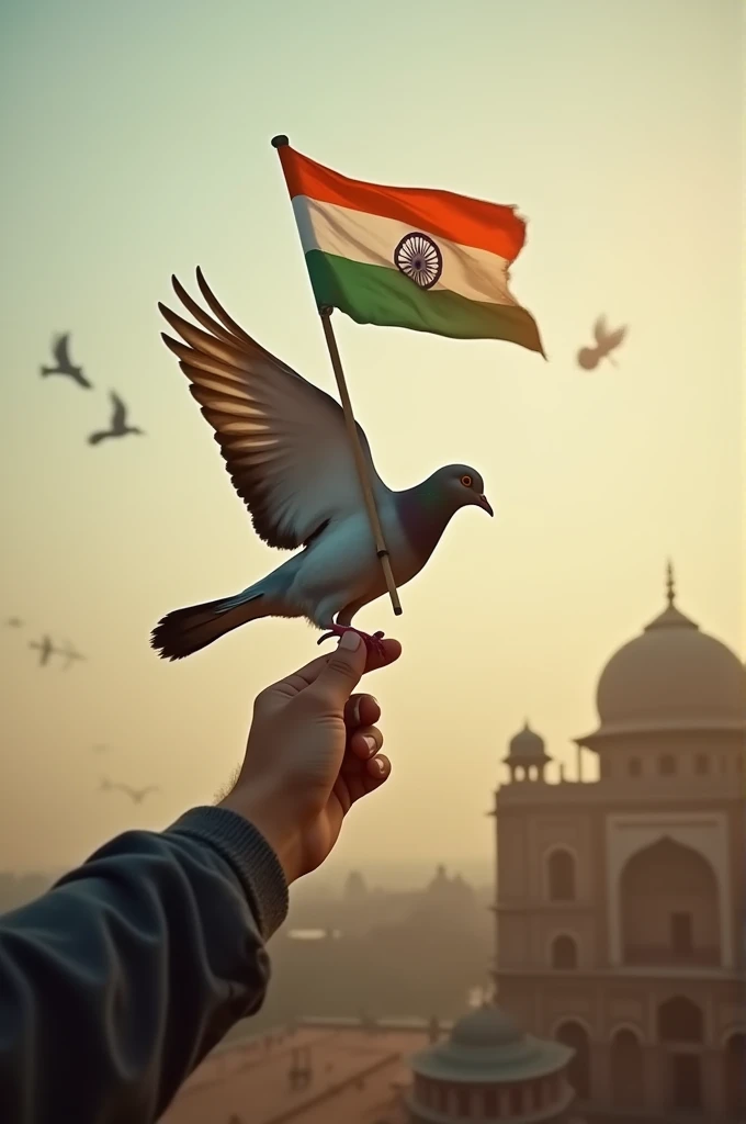 A pigeon flying which indian flag is hand and some enemy's are looking the pigeon