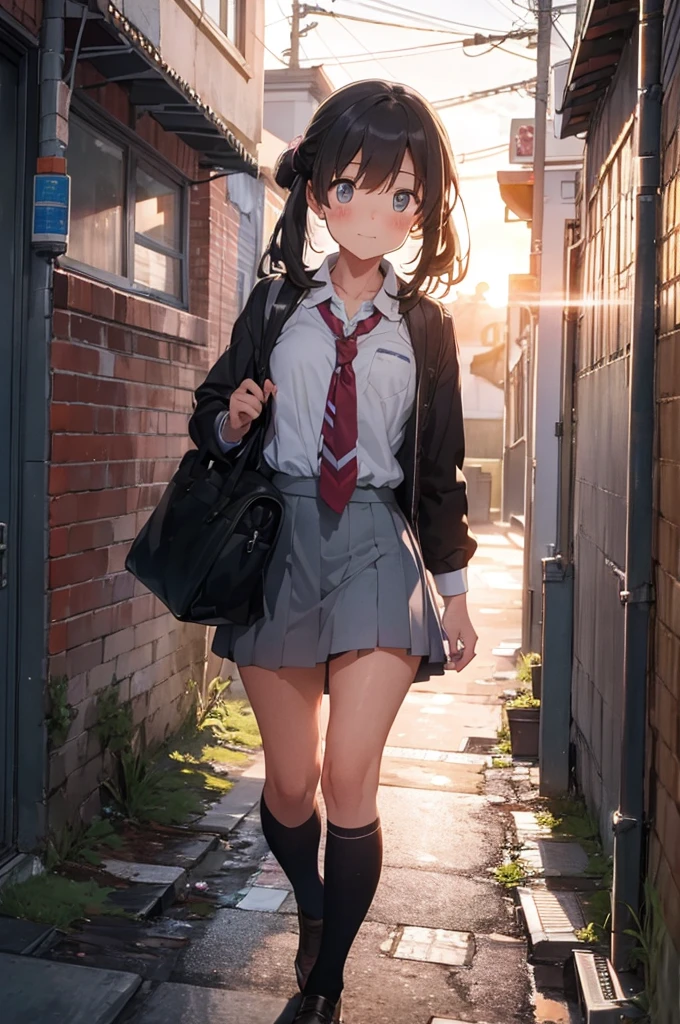 one girl in school uniform picking up a grey cat from the ground, alleyway, sunset, 50mm lens