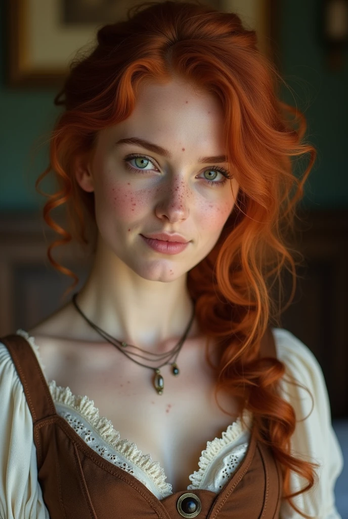 Description: period romance Woman with cherry red hair, period clothes and light hair freckles