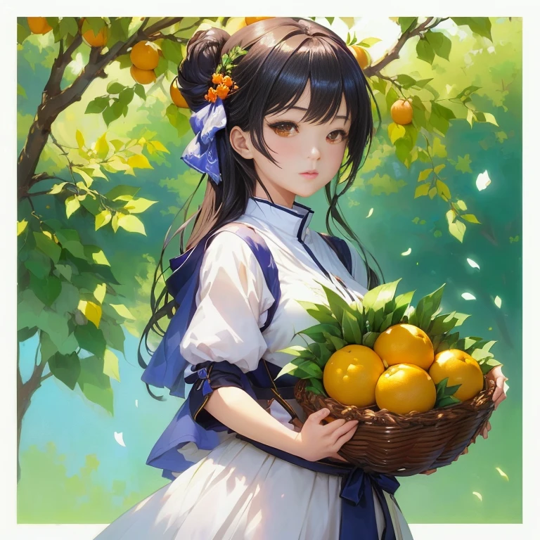 anime girl holding a basket of oranges in front of a tree, guweiz, official art, official artwork, rin, guweiz on pixiv artstation, artwork in the style of guweiz, shikamimi, guweiz on artstation pixiv, , render of april, marin kitagawa fanart, official illustration