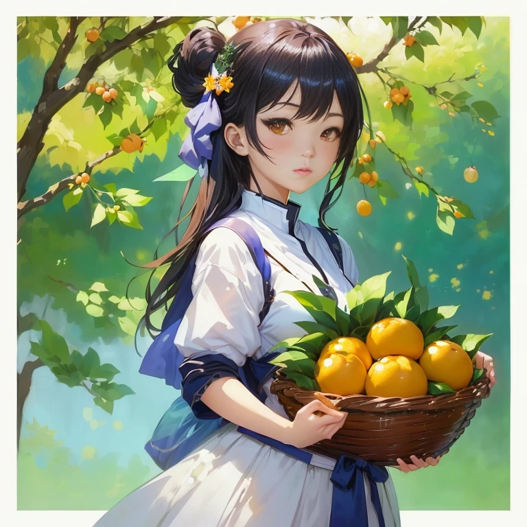 anime girl holding a basket of oranges in front of a tree, guweiz, official art, official artwork, rin, guweiz on pixiv artstation, artwork in the style of guweiz, shikamimi, guweiz on artstation pixiv, loli, render of april, marin kitagawa fanart, official illustration