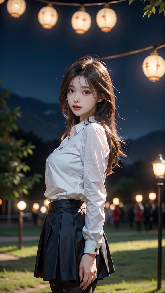 ulzzang-6500-v1.1, (RAW photo: 1.2), (Real photo), (Real photo: 1.4), 1 girl、Perfect anatomy、19 years old、Looking at the camera、Medium length hair、Uniform skirt, in a surreal royal garden, with many lanterns hanging, under the starry night sky, ((starry night: 1.1))、(Surreal tights: 1.2), (Business service)、Asian eyes Ella,