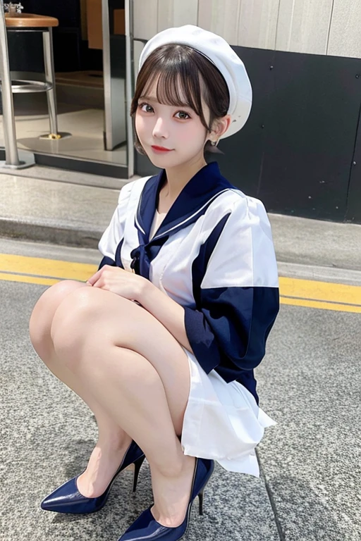 Sailor suit、High heels、Butt、looking at the camera、Beautiful feet、Bobcut、
