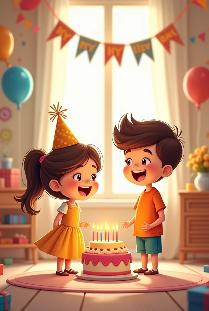 a cartoon girl and boy celebrating birthday with a small cake
