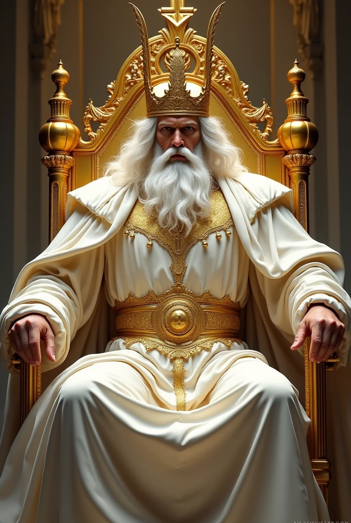 a man with posture, powerful and majestic, with big white hair and a big white beard, with large white robes, with a breastplate, with a golden belt and a large golden crown on his head sitting on an exalted golden throne