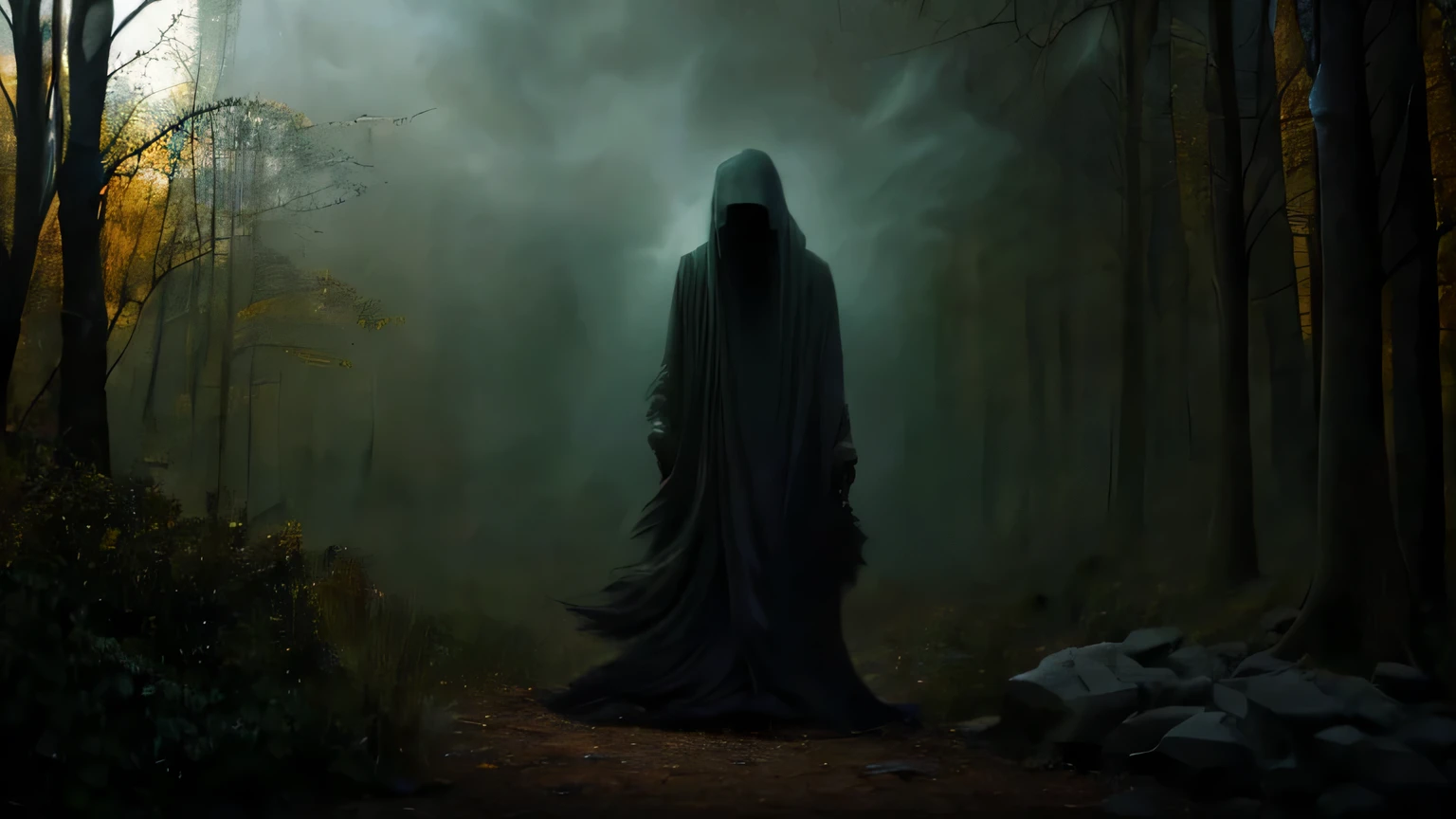 black hair, Red eyes, Long hood, Dark background, Forest in the background, horror, necromancer, masterpiece, a high resolution, Realistic anatomy, Cursed Power, Scary atmosphere, Terrible booing, 