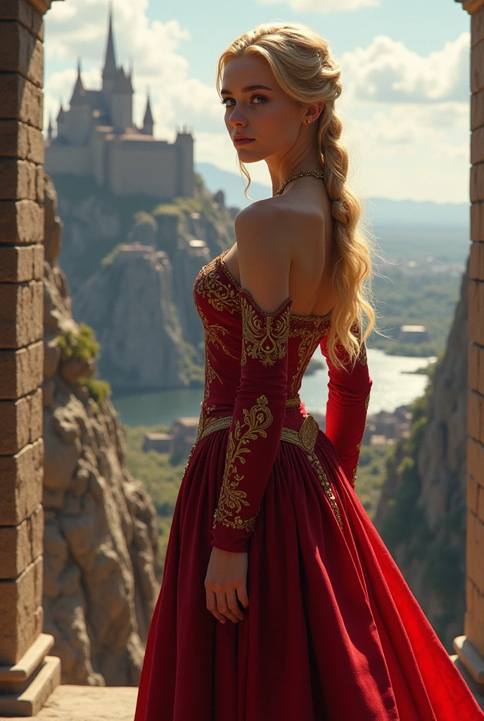 Create a young blonde haired, blue eyed Lannister woman wearing a red and gold dress and her hair in a big braided hairstyle looking at the kingdom of Castely rock