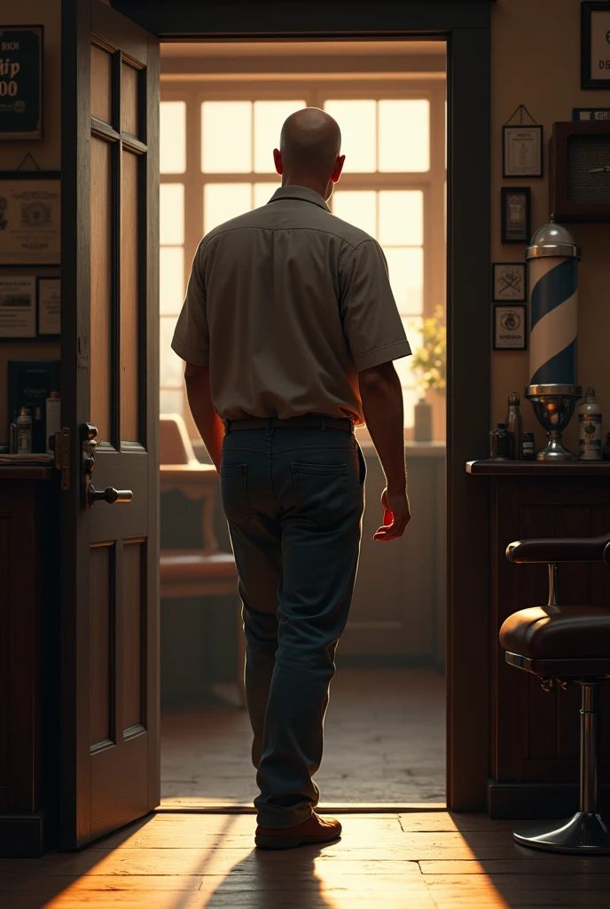 Make a bald man entering a barber shop that is realistic