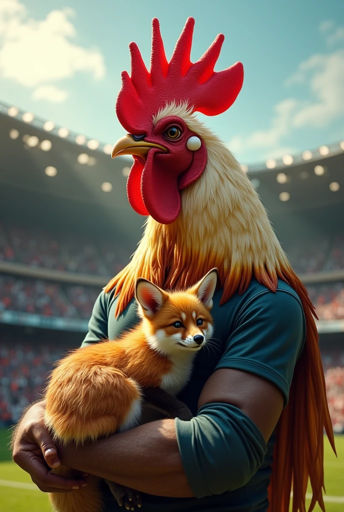 Human ROOSTER holding a little fox on his lap inside a football stadium 