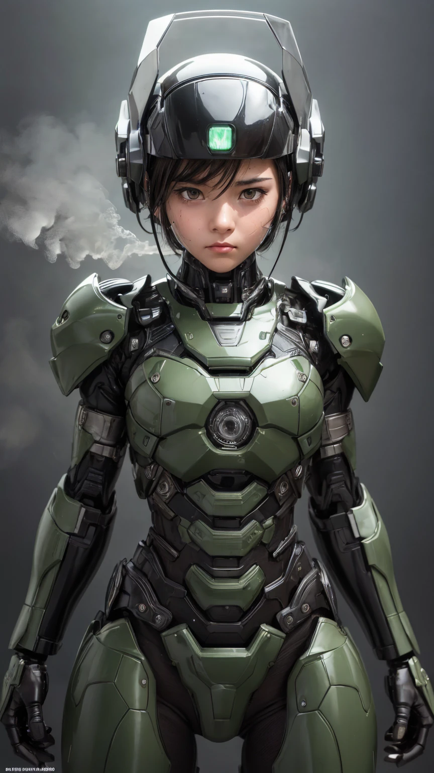 Textured skin, Super Detail, Attention to detail, high quality, 最high quality, High resolution, 1080P, hard disk, beautiful,(War Machine),beautifulサイボーグ女性,Dark Green Mecha Cyborg Girl,Fight,Girl with a mechanical body,、Junior high school girl Very short hair、Sweaty brown eyes、Sweaty face、Embarrassed expression blush cute Black-haired ((Steam coming from the head)) Glasses Squat Spread your legs M foot opening (Shyness) headgear Full Face Visor ((Steam coming out of the body)) Rear view
