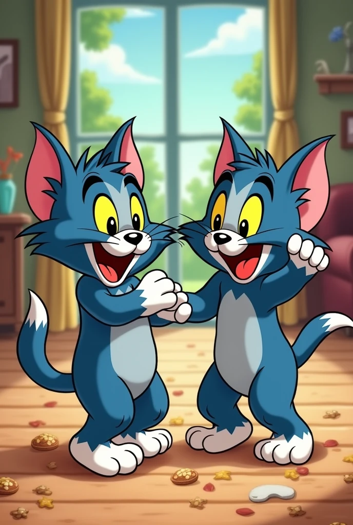 Teenage tom the cat goofing off with best friend twin tom who looks exactly like him from tom and jerry cartoon both have blue fair 