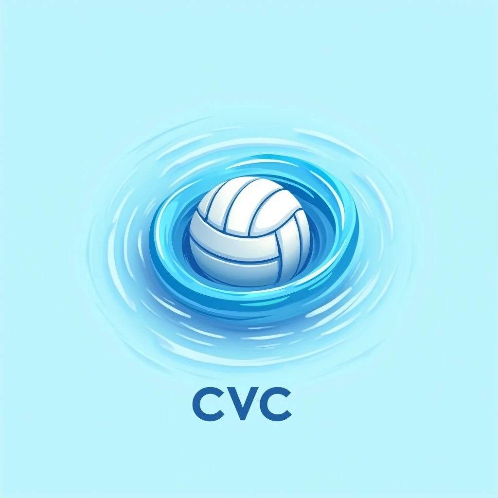logo of a volleyball surrounded by a whirlpool, minimalist logo, light blue water background. The background has ripples like the sea being reflected in the sunlight., blue volleyball, Below the clear water is the text: "CVC". Water surrounds the ball generously, free, soar. Beautiful round ball, and strong, energy, splash. The background is only blue.. 2D style, simple yet attractive logo. The text blends with the volleyball to form a logo.