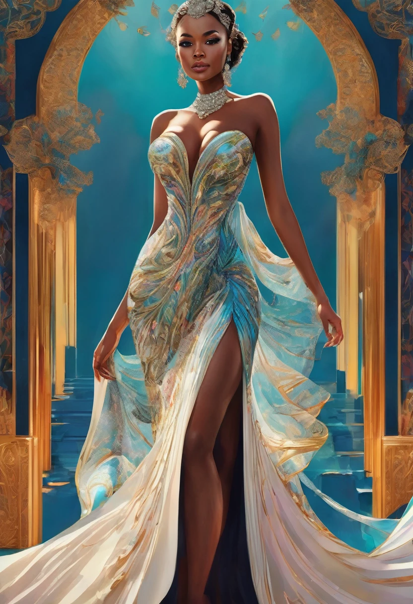 A stunningly detailed digital illustration of a woman in an exquisite gown inspired by Hedi Xandt and Karol Bak. She is adorned with intricate jewelry and her voluptuous silhouette is accentuated by the flowing, elegant lines of her dress. The gown is adorned with vibrant colors and shimmers like a velvet dream. Her eyes captivate the viewer with an intense gaze, while her seductive smile invites the audience into her world. The background is a blend of cinematic and CG trends, highlighting the ultra-high-definition quality of the artwork., cinematic, illustration