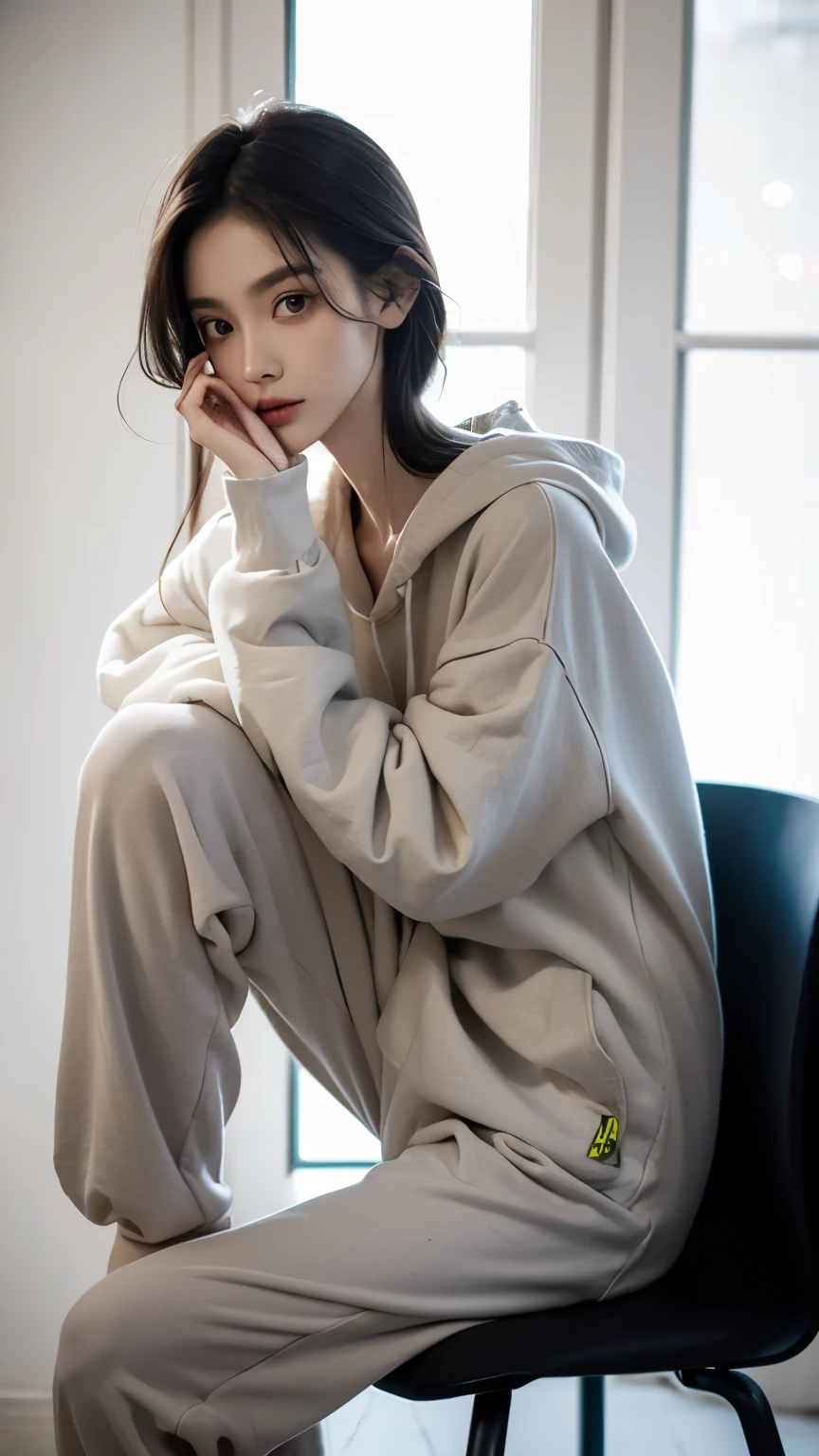 (Photorealistic),(Masterpiece),(ultra-detailed),a tall very beautiful and extremely thin girl who is literally just skin and bones because of being severely malnourished and looks so fragile and delicate and has big eyes and very small head, can see all her bones,sitting on a chair,she has very small and thin body frame and legs,extremely slender build, wearing a baggy hoodie which is just hanging on and baggy sweat pants, makeup accentuating the already large eyes, face looks like a fairy