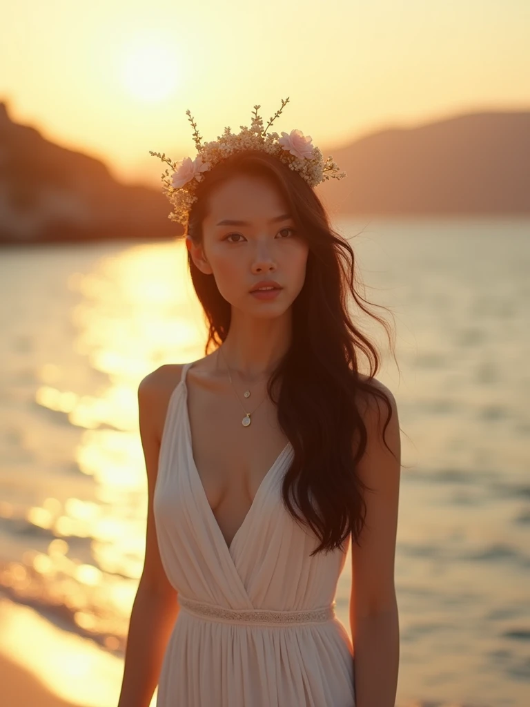 ((chef-d'œuvre, 8k, Meilleure qualité, haute résolution:1.3)), (une jeune femme asiatique, Cheveux long et brun, (son visage est parfait avec des traits délicats:1.2), (elle a des sourcils épais:1.2), (elle porte une belle robe blanche de la Grèce antique:1.2), (sur sa tête se trouve un joli diadème composé de diverses fleurs colorées:1.2), (she is on a Greek island walking aLong the beach at sunset:1.2), (l'image la capture à partir de la taille:1.2), (son corps est parfait et mince:1.2), (elle sourit pour la photo:1.4), (effet bokeh sur la photo:1.2), (Effet de vignette:1.2), (Appareil photo Canon EOS 5DS R, parfait pour capturer les détails et la beauté de la scène:1.2), (associé au Canon EF 85mm f/1.Objectif 4L IS USM:1.2), (La scène est baignée de douceur, Lumière chaude du coucher du soleil:1.2), (sa pose confiante et gracieuse mettant en valeur son élégance naturelle:1.2), (un moment figé dans le temps, capturer l'essence de la beauté et de la sérénité grecques:1.3), (ultra photoréaliste, mettant en valeur ses traits et le cadre idyllique de la plage:1.3), (une image qui transporte le spectateur dans un moment captivant et romantique:1.2), (une scène qui illustre la beauté de la forme humaine dans un cadre intemporel:1.2), (((SFW))), Cinématique, hyper détaillé, détails fous, Magnifiquement étalonné en couleurs, Cinématique Lightning, incroyablement détaillé et complexe, Hyper maximaliste, volumétrique, en couleur, HDR, Faible profondeur de champ, film hollywoodien à gros budget, cinémascope, lunatique, épique, magnifique