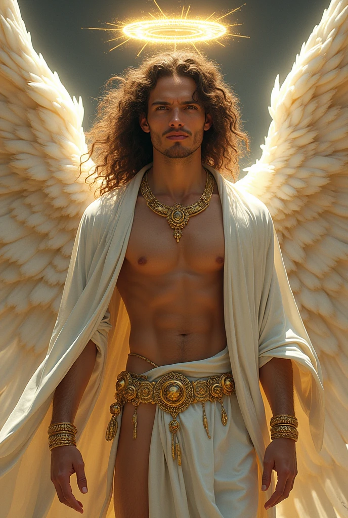 (masterpiece, top quality, best quality, official art, beautiful and aesthetic:1.2), full body, extreme detailed,(fractal art:1.3),colorful,highest detailed, angelic character, wings, halo on back of head, white and gold colors, jewelry, smug face, genderless, intricate outfit, intricate design, sunkissed tan skin, flat chest, thin thighs, robe, long curly hair, masculine, twink