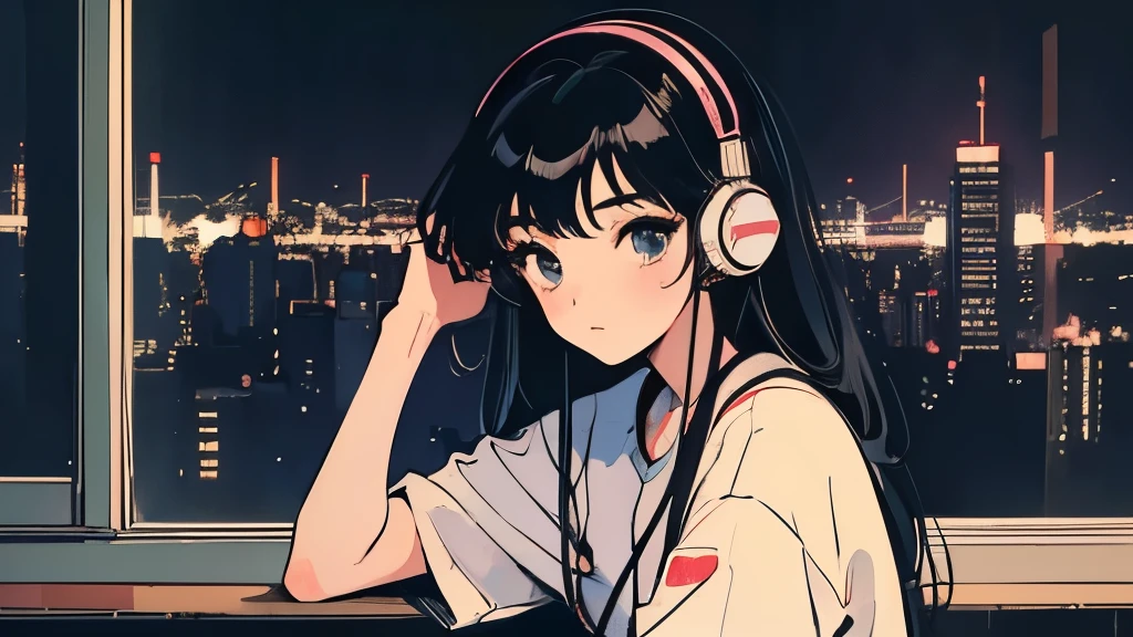 masterpiece, Highest quality, A girl sitting by a window at night, wearing headphones and gazing at the Tokyo skyline,night view, lyco art, a manga drawing, by Satoshi Kon, lofi hip hop, wlop : :, ukiyo, ukiyo-style, yukito kishiro.