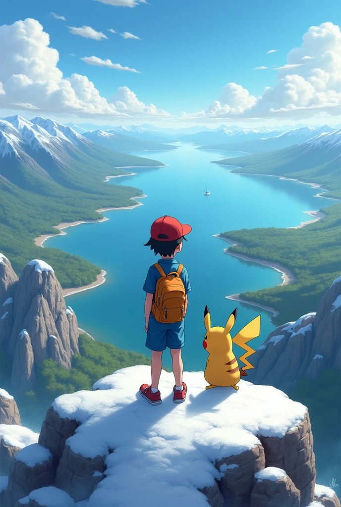 Please make a picture of Ash Kepchum looking at the horizon on Silver Mountain, with his faithful pikachu on his shoulder