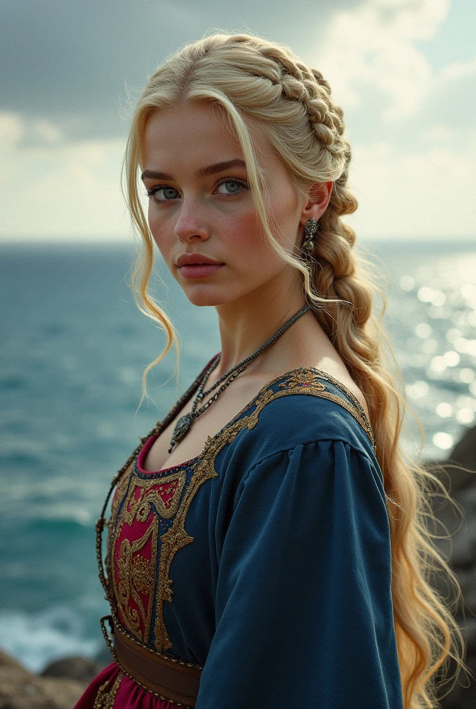Create a young blonde woman with blonde hair and blue eyes Lannister with a blue dress with red and gold and her hair in a large braided hairstyle looking at the sea