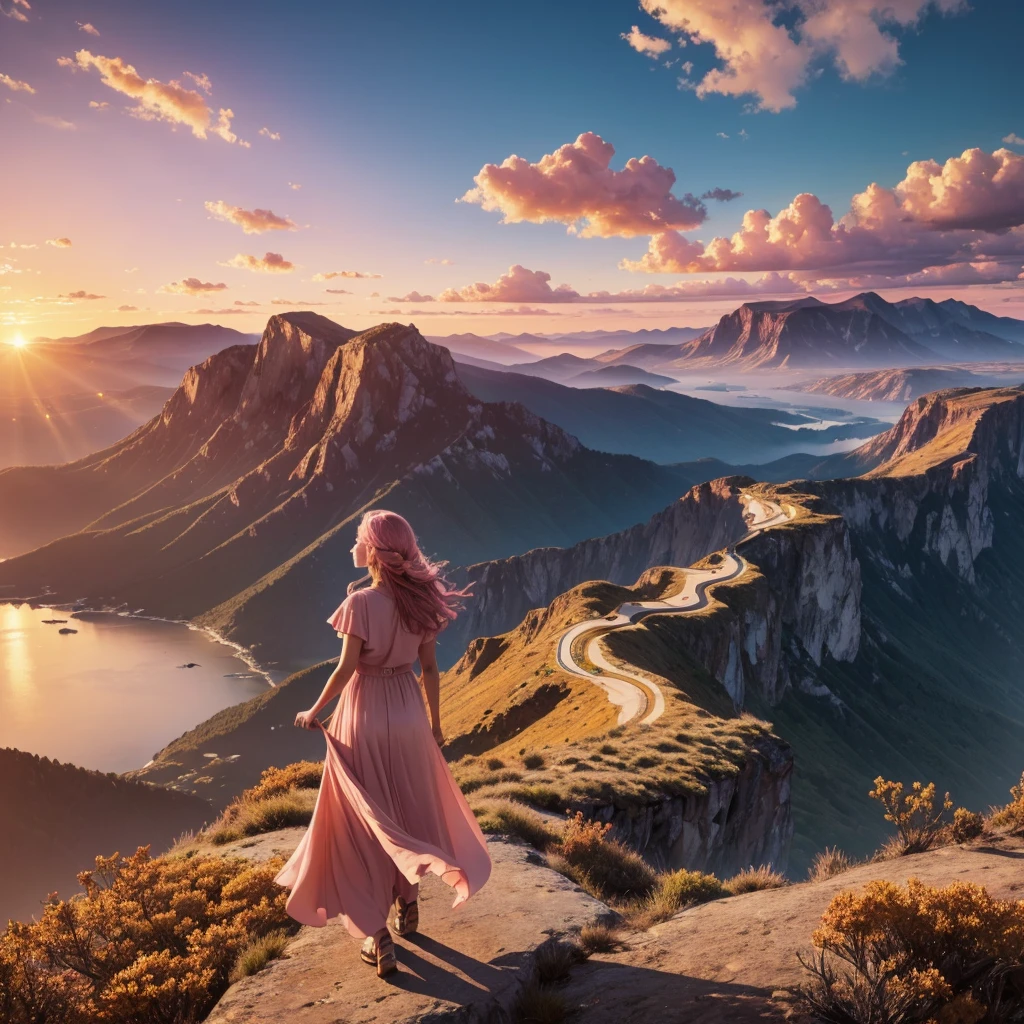 A woman standing on a cliff overlooking a vast, mountainous landscape, majestic sunrise in the background, (best quality,4k,8k,highres,masterpiece:1.2),ultra-detailed,(realistic,photorealistic,photo-realistic:1.37),dynamic lighting, ethereal glowing symbols of success such as trophies, books, and pathways leading to various achievements surrounding her, warm hues of orange, pink, and gold in the sky, inspiring, vibrant, determined expression on her face, ambitious, the power of visualization in achieving one's dreams