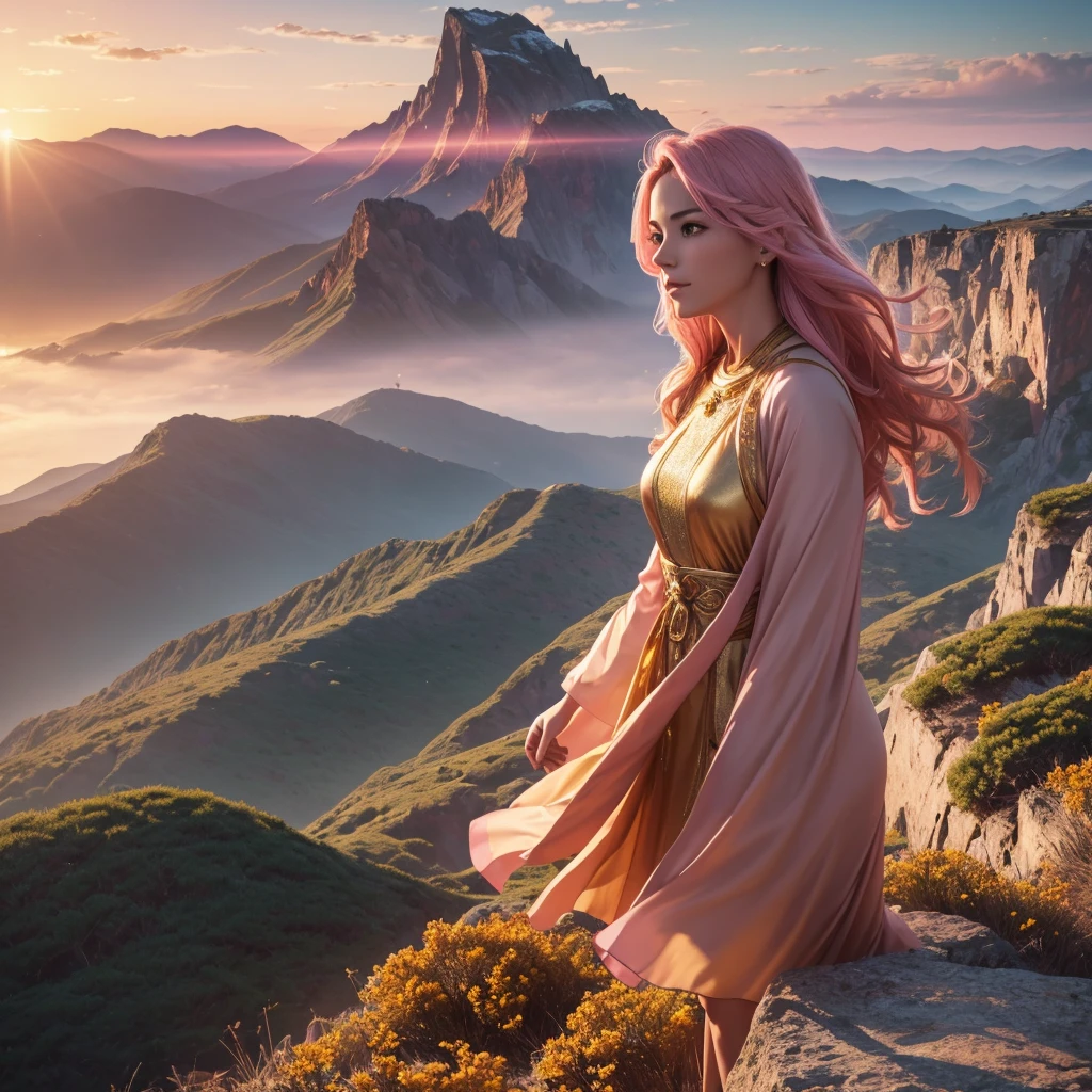 A woman standing on a cliff overlooking a vast, mountainous landscape, majestic sunrise in the background, (best quality,4k,8k,highres,masterpiece:1.2),ultra-detailed,(realistic,photorealistic,photo-realistic:1.37),dynamic lighting, ethereal glowing symbols of success such as trophies, books, and pathways leading to various achievements surrounding her, warm hues of orange, pink, and gold in the sky, inspiring, vibrant, determined expression on her face, ambitious, the power of visualization in achieving one's dreams