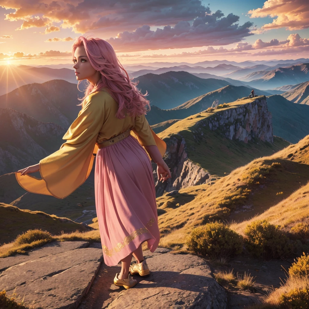 A woman standing on a cliff overlooking a vast, mountainous landscape, majestic sunrise in the background, (best quality,4k,8k,highres,masterpiece:1.2),ultra-detailed,(realistic,photorealistic,photo-realistic:1.37),dynamic lighting, ethereal glowing symbols of success such as trophies, books, and pathways leading to various achievements surrounding her, warm hues of orange, pink, and gold in the sky, inspiring, vibrant, determined expression on her face, ambitious, the power of visualization in achieving one's dreams