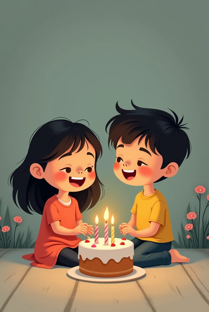 a cartoon girl and boy celebrating birthday with a small cake make the picture sad but the subject is happy