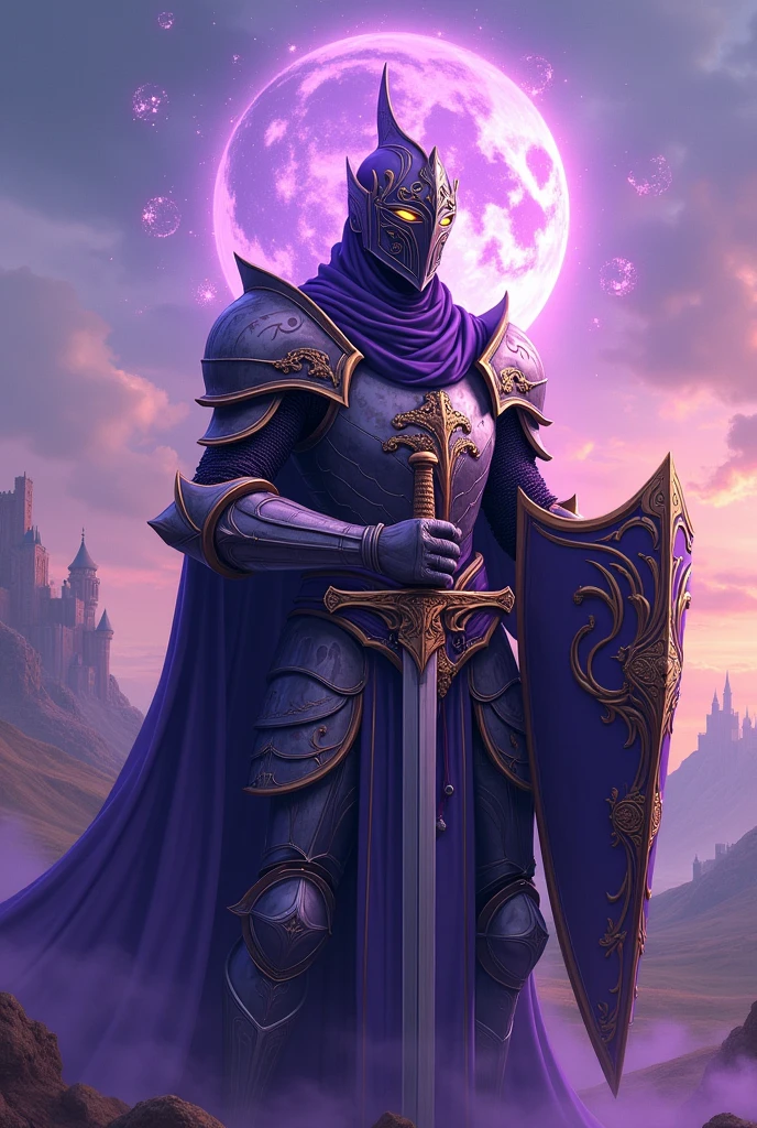  male arab genie knight in purple medieval full armor with sword and shield in anime 