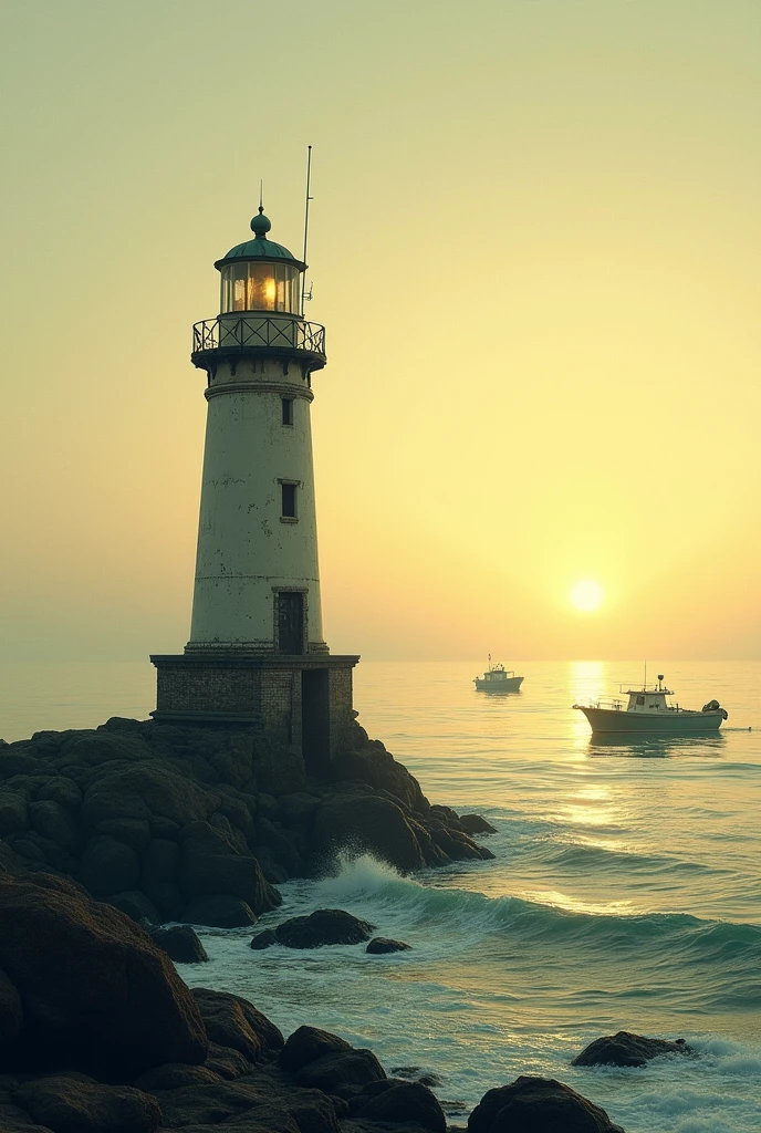 Dawn on the sea, there is a lighthouse, there are boats.
