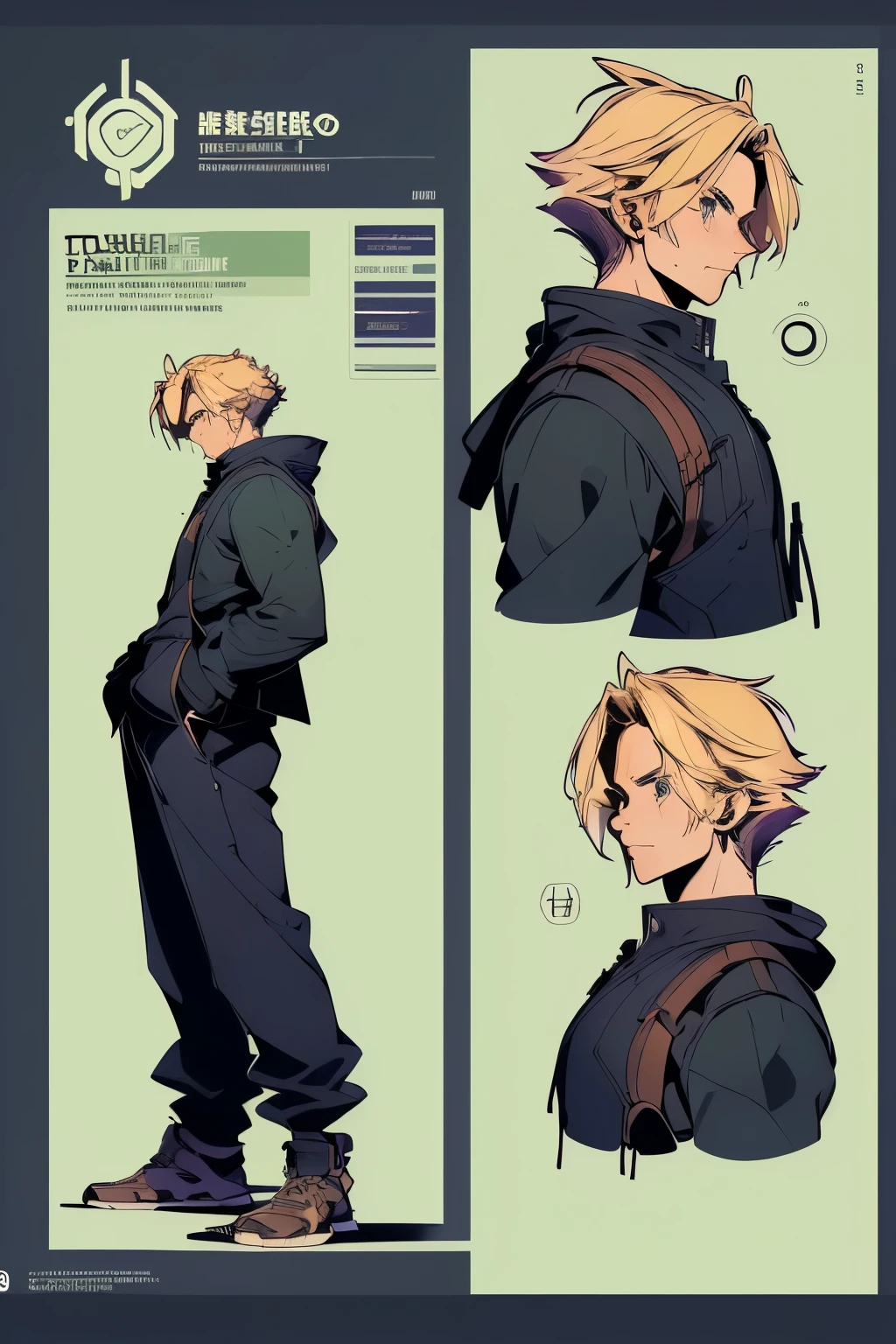 (young adult man ), (age 18 years), ((exquisite face), (There are full details...)), (pose de jitai), (slightly-smile),(eyes looking straight ahead.)), (Clean up 8K images), ((Medium camera angle showing thighs), (standing pose)), (Tetsuya Nomura style ), (suspenders), (work of art), ((There are details of the body..., (perfect hands), (Perfect feet)), (line art), ((concept character art)), ((character design sheet, Same character.., from front view, lateral view, Reverse view, three-quarter view)), 6 half full heads, (tomboy), (Long pants), (hands in pocket), (Pose legal)(hair blonde , and green eyes)