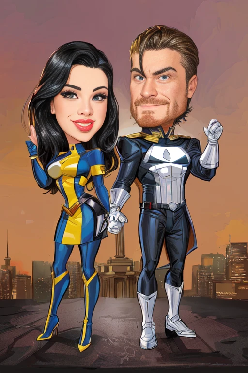 a cartoon of a man and woman dressed as the punish and the punish, in style of marvel and dc, cartoon artstyle, comic book arzach style, in cartoon style, realistic cartoon, caricature illustration, cartoon digital art, cartoon art, cartoon art style, digital art cartoon, commission art, caricature style, cartoon portrait, custom, charicature, high quality portrait