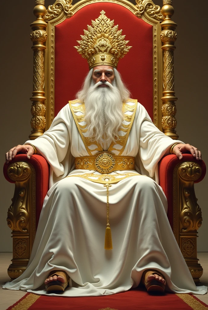 a man with posture, powerful and majestic, with big white hair and a big white beard, with large white robes, with a breastplate, with a golden belt and a large golden crown on his head sitting on a large and exalted golden throne
