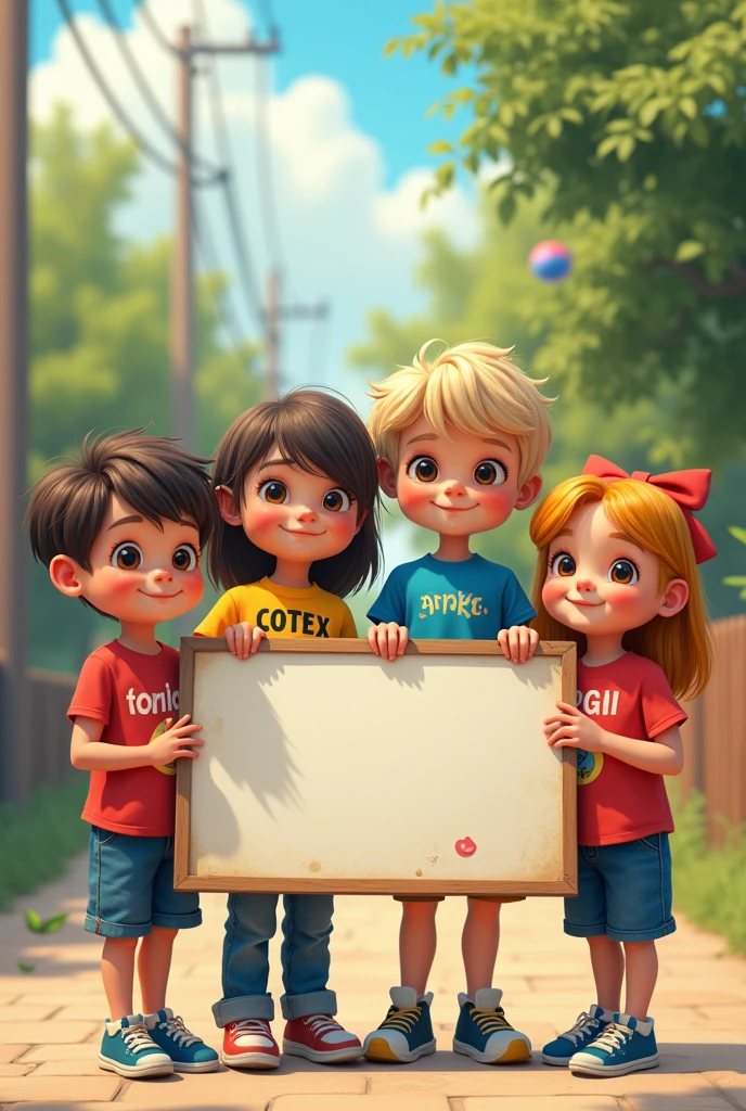 A group of tow boys and tow girl, holding a big post printed as AROS--kido.
And the two boy's t-shirt was printed, the other one was COTEX and the other one was ERRAH.
And the two girls was printed.as the other one was BETEX and the other one was DEL  LAH
